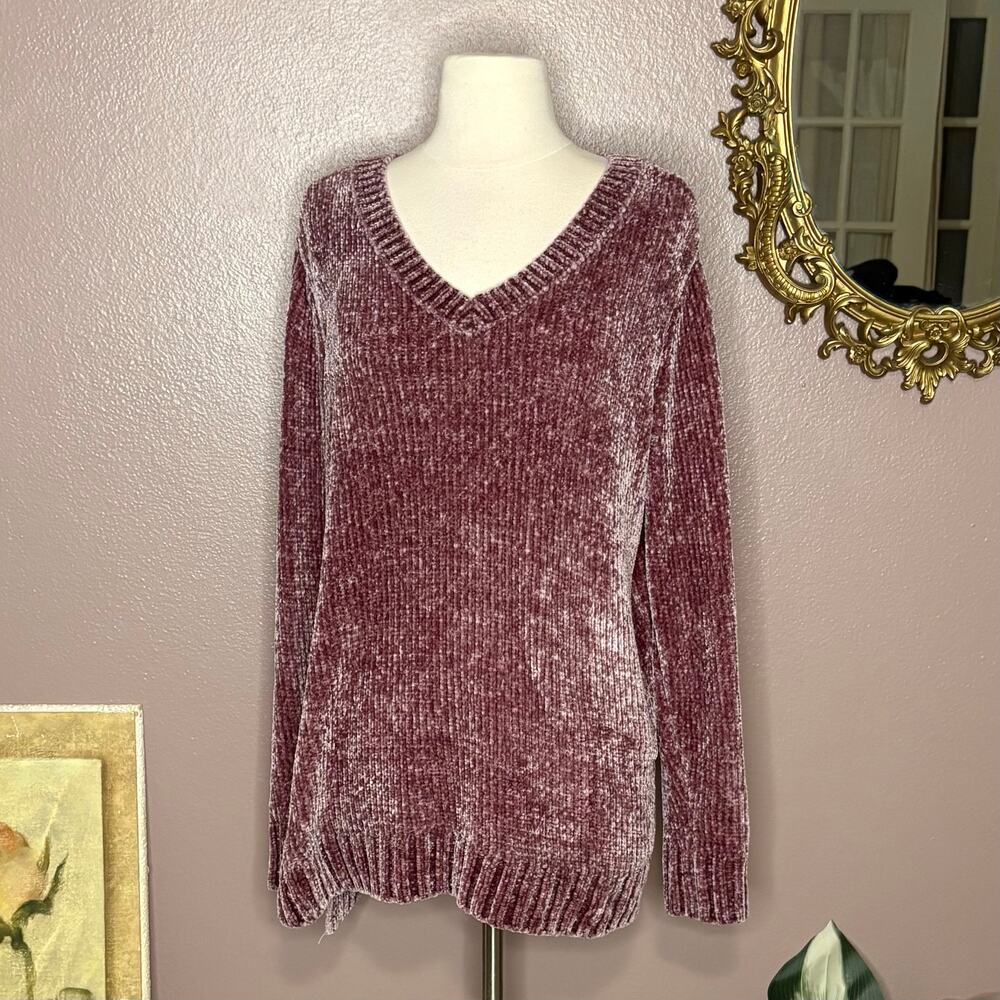 Orvis Chenille Sweater Women’s Large L V-Neck Long Sleeve Soft Dusty Rose Pink‎